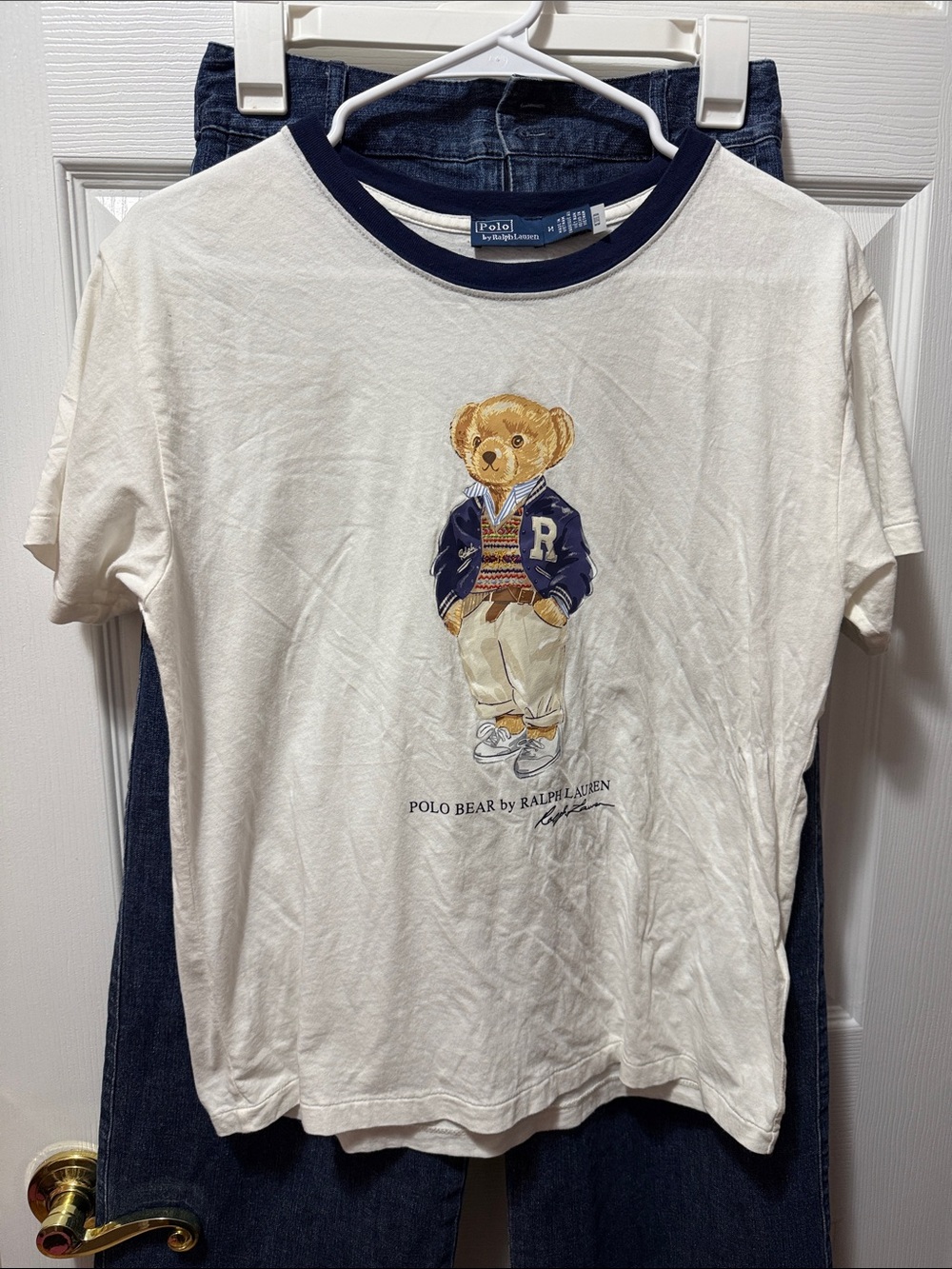 Ralph Lauren White Tee with Navy Trim and Polo Bear Graphic
